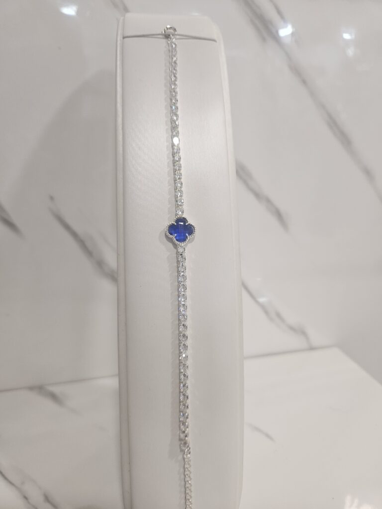 Pulsera tennis con trébol cristal azul